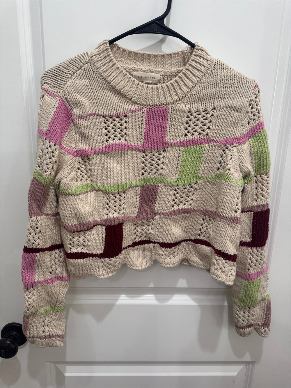 La Hearts Beige Cropped Crewneck Sweater with Pink, Green & Burgundy Blocks